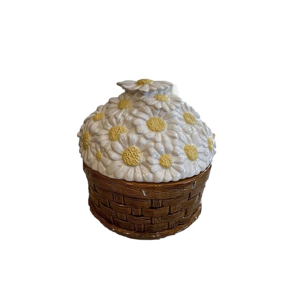 Vintage 90’s Basket Weave Daisies On Top Canister Storage Jar - Picture 1 of 7